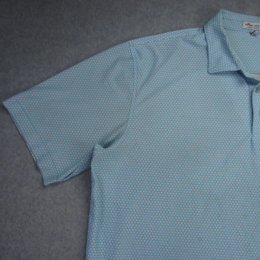Peter Millar Polo Shirt Mens XL Blue Geometric Golf‎ Summer Comfort Short Sleeve